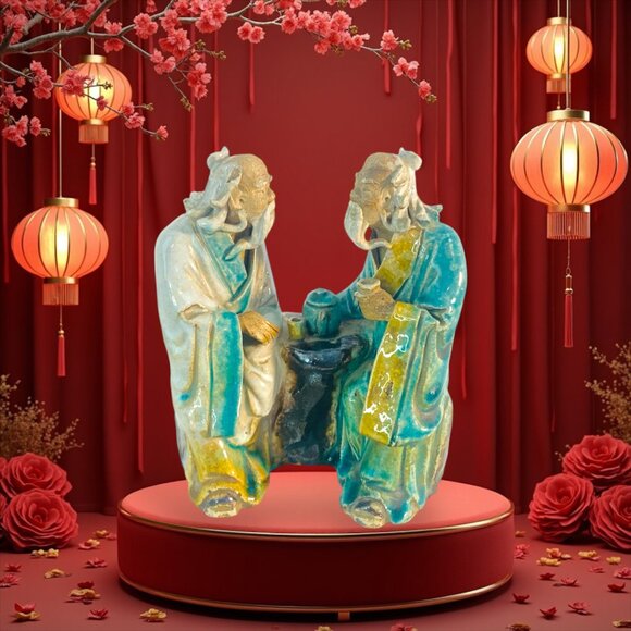 Antique c.1900 Handmade Shiwan Mudmen Two Old Men Seated Drinking Sake Tea - Picture 4 of 15